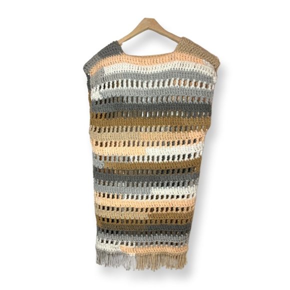 Boho Hand Crocheted Long Open Vest with Fringe in Autumnal Colors - Picture 2 of 8